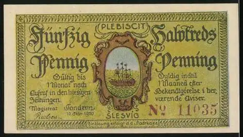 Notgeld Tondern 1920, 50 Pfennig, Rinderbauer auf der Weide, Segelschiff