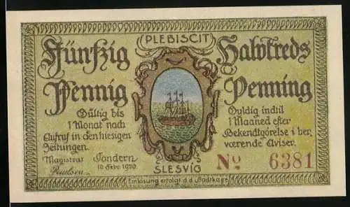 Notgeld Tondern 1920, 50 Pfennig, Segelschiff, Rinderbauer auf der Weide