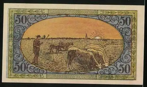 Notgeld Tondern 1920, 50 Pfennig, Segelschiff, Rinderbauer auf der Weide