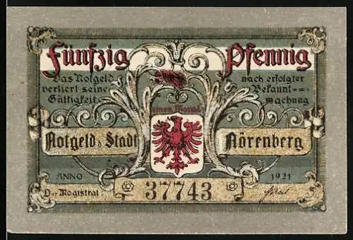 Notgeld Nörenberg 1921, 50 Pfennig, Wappen, Frau flieht vor einem grossen Krebs
