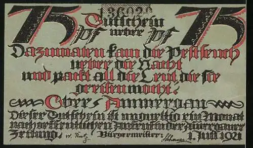 Notgeld Oberammergau 1921, 75 Pfennig, Tod mit Sense am Ortsrand
