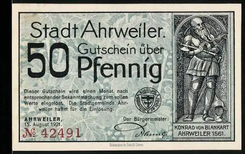 Notgeld Ahrweiler 1921, 50 Pfennig, Standbild Konrad von Blankart, Wappen, Stadt mit Torbogen