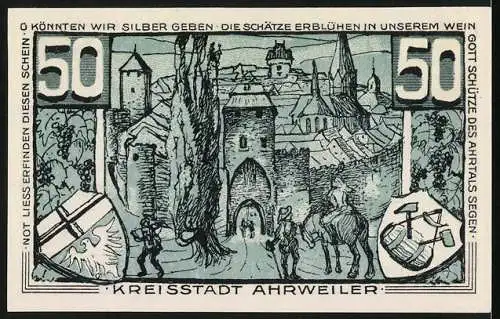 Notgeld Ahrweiler 1921, 50 Pfennig, Standbild Konrad von Blankart, Wappen, Stadt mit Torbogen