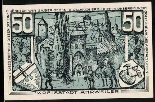 Notgeld Ahrweiler 1921, 50 Pfennig, Standbild Konrad von Blankart, Wappen, Stadt mit Torbogen