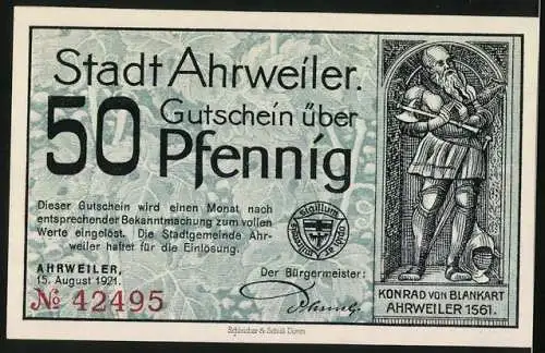 Notgeld Ahrweiler 1921, 50 Pfennig, Standbild Konrad von Blankart, Wappen, Stadt mit Torbogen