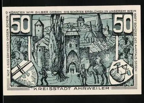 Notgeld Ahrweiler 1921, 50 Pfennig, Standbild Konrad von Blankart, Wappen, Stadt mit Torbogen