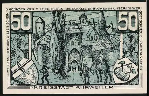 Notgeld Ahrweiler 1921, 50 Pfennig, Standbild Konrad von Blankart, Wappen, Stadt mit Torbogen