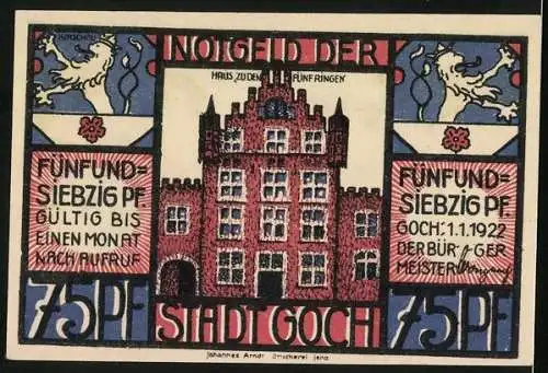 Notgeld Goch 1922, 75 Pfennig, Polizist verfolgt einen Schmuggler, Haus Zu den Fünf Ringen, Wappen