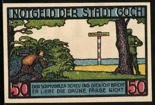 Notgeld Goch 1922, 50 Pfennig, Schmuggler versteckt sich vor einem Polizisten, Steintor, Wappen