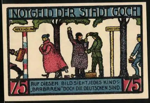 Notgeld Goch 1922, 75 Pfennig, Polizist durchsucht einen Schmuggler, Haus Zu den Fünf Ringen, Wappen