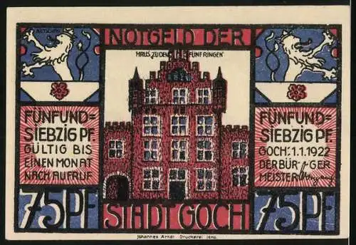 Notgeld Goch 1922, 75 Pfennig, Warenhaus Deutschland, Haus Zu den Fünf Ringen, Wappen