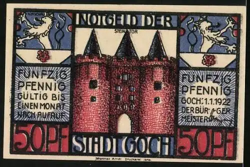 Notgeld Goch 1922, 50 Pfennig, Das verfluchte Loch im Westen Landkarte einer Schmuggelroute, Steintor, Wappen