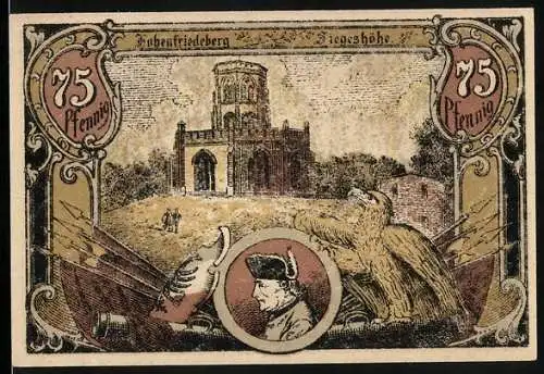 Notgeld Hohenfriedeberg, 75 Pfennig, Portrait Friedrich der Grosse, Hohenfriedberger Marsch, Siegeshöhe