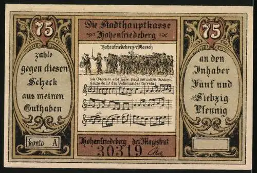 Notgeld Hohenfriedeberg, 75 Pfennig, Portrait Friedrich der Grosse, Hohenfriedberger Marsch, Siegeshöhe