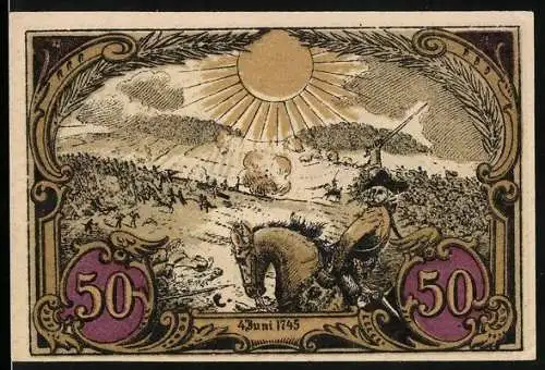 Notgeld Hohenfriedeberg, 50 Pfennig, Kirche, Schlachtszene 1745