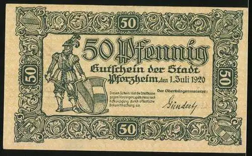 Notgeld Pforzheim 1920, 50 Pfennig, Ritter mit Schwert und Wappen, Frau mit Engel