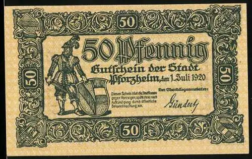 Notgeld Pforzheim 1920, 50 Pfennig, Knappe mit Schwert und Wappen, Frau mit Engel