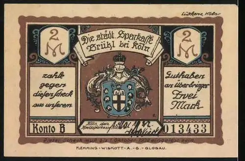Notgeld Brühl 1922, 2 Mark, Wappen, Schloss Falkenlust, Clemens August auf der Reiherbeize