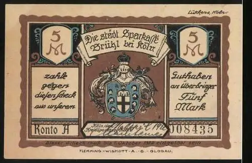 Notgeld Brühl 1922, 5 Mark, Bergmann an der Raddergrube, Wappen, Kohlenzeche