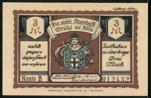 Notgeld Brühl 1922, 3 Mark, Kurfürst Clemens August, Schloss Augustusburg, Wappen