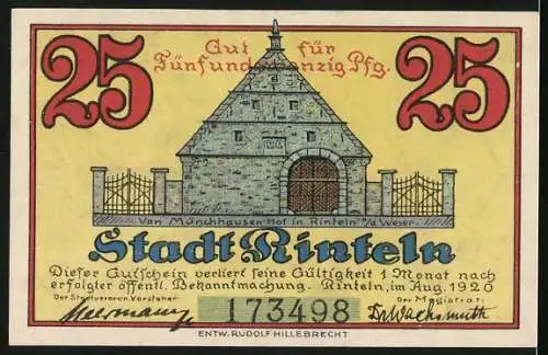 Notgeld Rinteln 1920, 25 Pfennig, Von Münchhausen-Hof, Mit 14 Punkten erst gelockt und hinterrücks dann festgepflockt