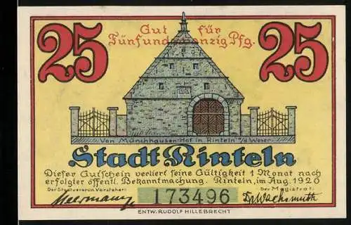 Notgeld Rinteln 1920, 25 Pfennig, Von Münchhausen-Hof, Mit 14 Punkten erst gelockt und hinterrücks dann festgepflockt