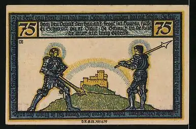 Notgeld Geldern 1922, 75 Pfennig, Wappen, Ritter vor der Burg