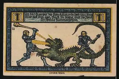 Notgeld Geldern, 1 Mark, Wappen, zwei Ritter bekämpfen den Drachen