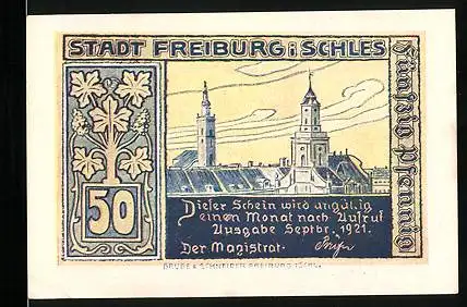 Notgeld Freiburg in Schlesien 1921, 50 Pfenng, Kirchen aus der Vogelschau und Wandergruppe