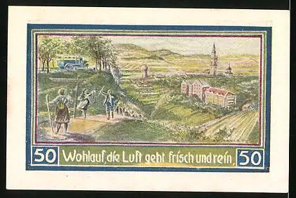 Notgeld Freiburg in Schlesien 1921, 50 Pfenng, Kirchen aus der Vogelschau und Wandergruppe