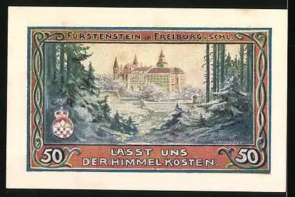Notgeld Freiburg in Schlesien 1921, 50 Pfenng, Kirchen aus der Vogelschau und Burg Fürstenstein