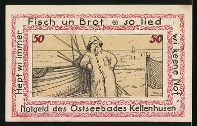 Notgeld Kellenhusen, 50 Pfennig, Fischer an seinem Boot stehend