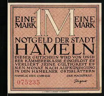 Notgeld Hameln 1921, 1 Mark, Der Siebenlinge-Denkstein