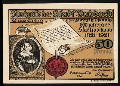Notgeld Butzbach 1921, 50 Pfennig, 600 jähr. Stadtjubiläum, Landgraf Philipp v. Butzbach, Hexenturm, Friedeler Tor