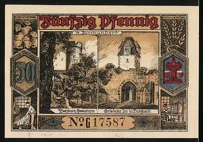 Notgeld Butzbach 1921, 50 Pfennig, 600 jähr. Stadtjubiläum, Landgraf Philipp v. Butzbach, Hexenturm, Friedeler Tor