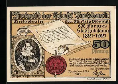 Notgeld Butzbach 1921, 50 Pfennig, 600 jähr. Stadtjubiläum, Landgraf Philipp v. Butzbach, Solmser Schloss (Amtsgericht)