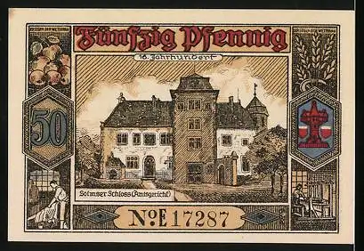 Notgeld Butzbach 1921, 50 Pfennig, 600 jähr. Stadtjubiläum, Landgraf Philipp v. Butzbach, Solmser Schloss (Amtsgericht)