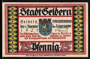 Notgeld Geldern 1921, 75 Pfennig, Wappen, Männer schleifen ihre Arbeitsgeräte