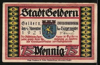 Notgeld Geldern 1921, 75 Pfennig, Die Stadt entstand, als der Drache vernichtet wurde, Wappen