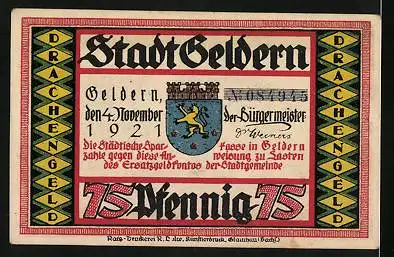 Notgeld Geldern 1921, 75 Pfennig, Der Drache verschlingt einen Menschen, Wappen