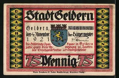 Notgeld Geldern 1921, 75 Pfennig, Der Drachen und seine Bezwinger, Wappen