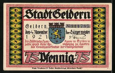 Notgeld Geldern 1921, 75 Pfennig, Bürger schleichen sich an schlafenden Drachen heran