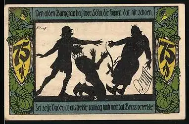 Notgeld Geldern 1921, 75 Pfennig, Der Burggraf mit seinen zwei Söhnen, Wappen