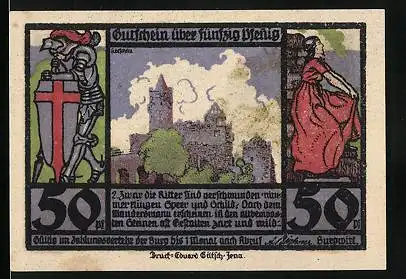 Notgeld Kötschau, 50 Pfennig, Krieger und Mädchen mit Burg, Ruderboot mit Burgblick