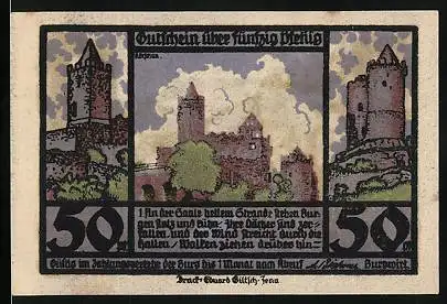 Notgeld Kötschau, 50 Pfennig, Burg mit den Türmen, An der Saale hellem Strande
