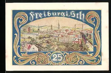 Notgeld Freiburg in Schlesien 1921, 25 Pfennig, Ortsansicht und Wappen