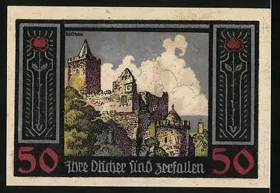 Notgeld Kötschau, 50 Pfennig, junge Leute und Burg, Ihre Dächer sind zerfallen