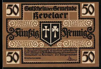 Notgeld Kevelaer 1921, 50 Pfennig, Wappen und Heiligenbild