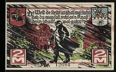 Notgeld Marne 1922, 2 Mark, Mann im Sturm mit Gehstock undBauern mit Getreide, Wappen