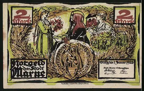 Notgeld Marne 1922, 2 Mark, Mann im Sturm mit Gehstock undBauern mit Getreide, Wappen